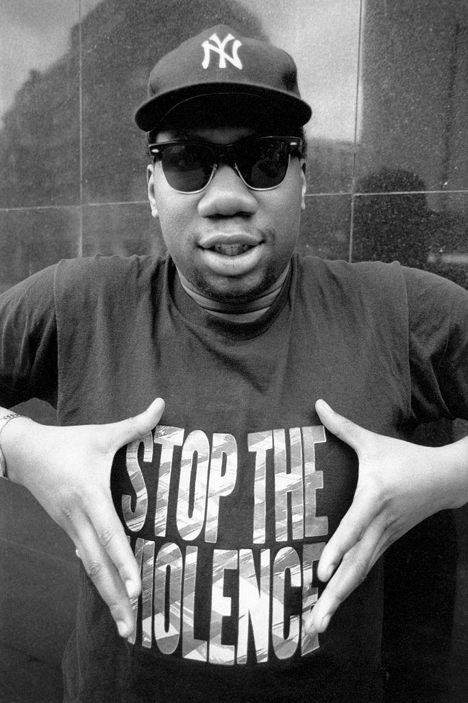 US rapper KRS 1 of Boogie Down Productions wearing Stop the Violence t-shirt UK 1990s