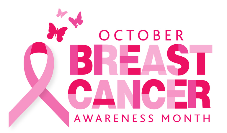 October Breast Cancer Awareness Month design template with cancer awareness ribbon and butterflies on white background