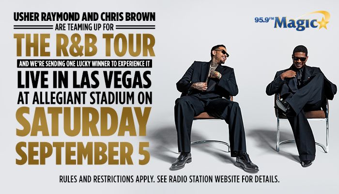 Usher Raymond and Chris Brown seated on chairs, promoting "The R&B Tour" live in Las Vegas at Allegiant Stadium on Saturday, September 5.