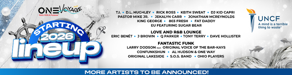One Voyage music festival lineup poster featuring artists like T.I., D.L. Hughley, Rick Ross, and Keith Sweat starting in 2026.