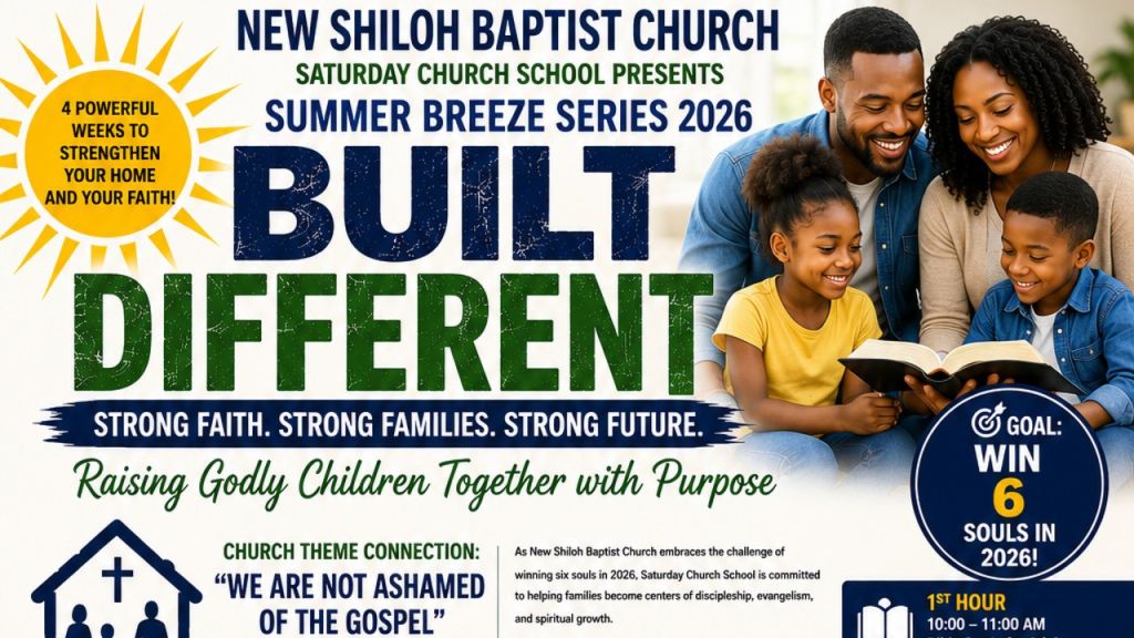 A family of four - two adults and two children - sitting together and reading a book, with the text "NEW SHILOH BAPTIST CHURCH SUMMER BREEZE SERIES 2026 BUILT DIFFERENT" displayed above them.
