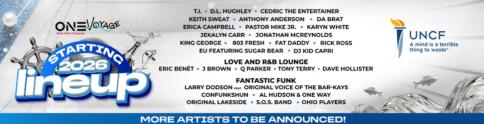 One Voyage 2026 lineup poster featuring musical artists and UNCF logo