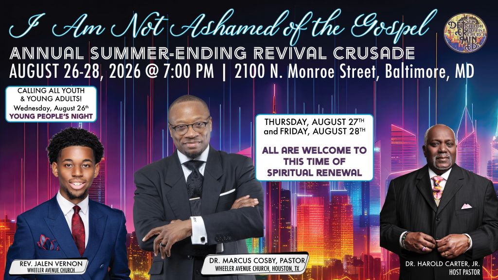 Annual summer-ending revival crusade event poster featuring three men in suits, including a pastor and host pastor, with a cityscape backdrop and text promoting the event.