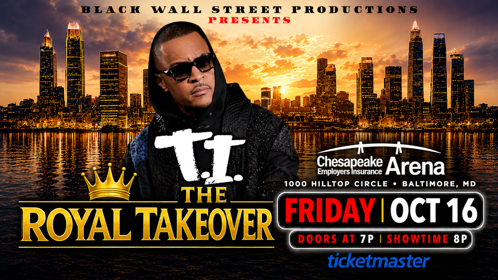 A man wearing sunglasses and a black hoodie stands in front of a cityscape at sunset. The text "BLACK WALL STREET PRODUCTIONS PRESENTS" and "THE ROYAL TAKEOVER" is displayed.
