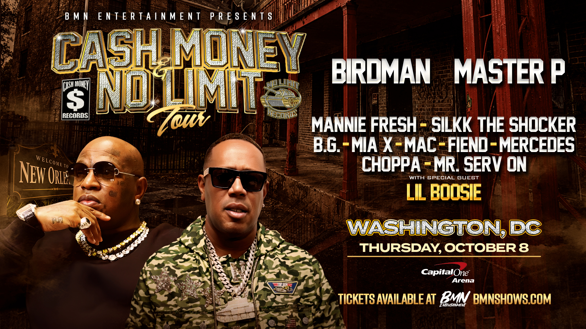 Cash Money No Limit Tour poster featuring Birdman, Master P, Mannie Fresh, Silkk the Shocker, B.G., Mia X, Mac, Fiend, Mercedes, Choppa, and Mr. Serv On, with special guest Lil Boosie, performing at the Capital One Arena in Washington, DC on October 8.