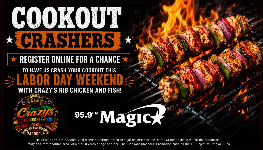 Cookout Crashers promotion for Labor Day weekend featuring grilled meat skewers, Crazy's Ribs & Chicken logo, and text advertising a chance to have the radio station "crash your cookout".