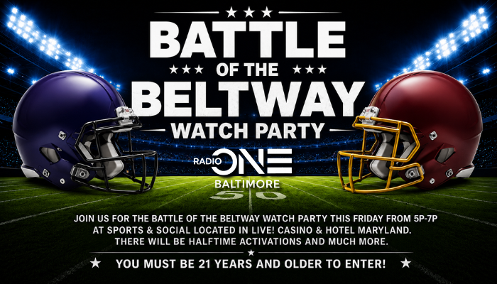 Battle of the Beltway watch party hosted by Radio One Baltimore, featuring football helmets and stadium lights.